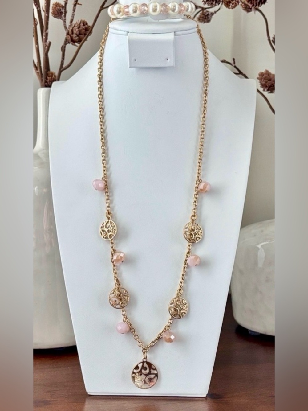Laura Ford Filagree Goldtone cutout circle pendants,acrylic beveled pink beads